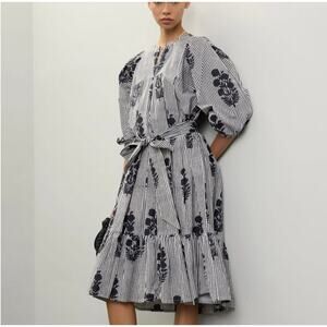 SZ Blockprints Navy Blue Midi Dress MEDIUM Cotton Cottage Strip Puff Sleeve $358